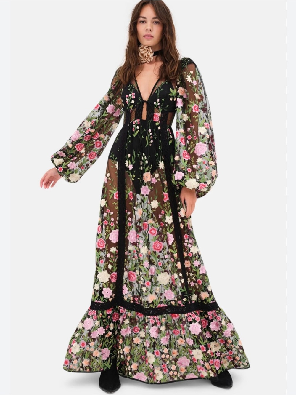 For Love & Lemons Luna Black Floral Sheer Maxi Dress with Pink Roses L Large